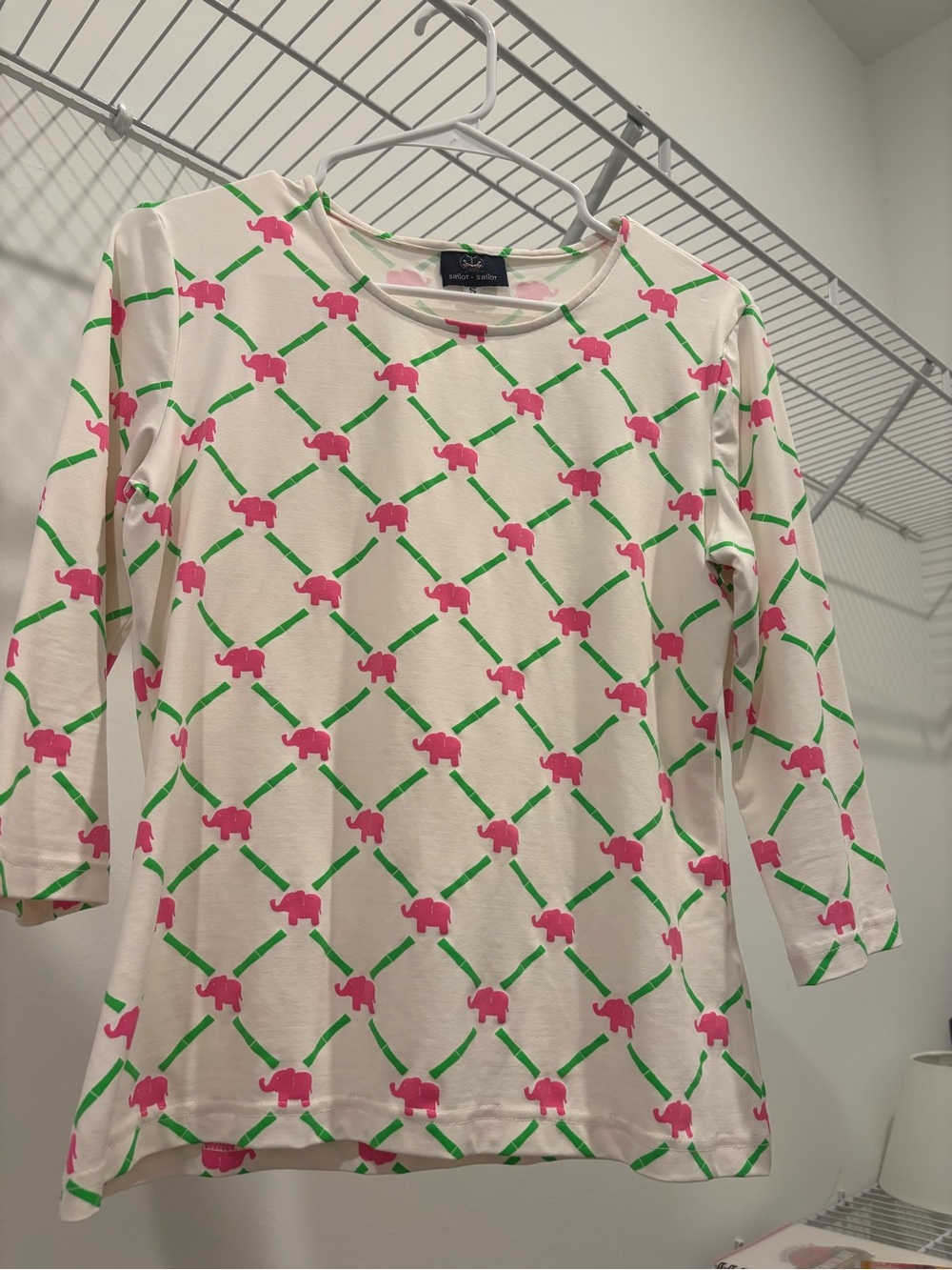 Pink Elephant Pattern White 3/4 Sleeve Top